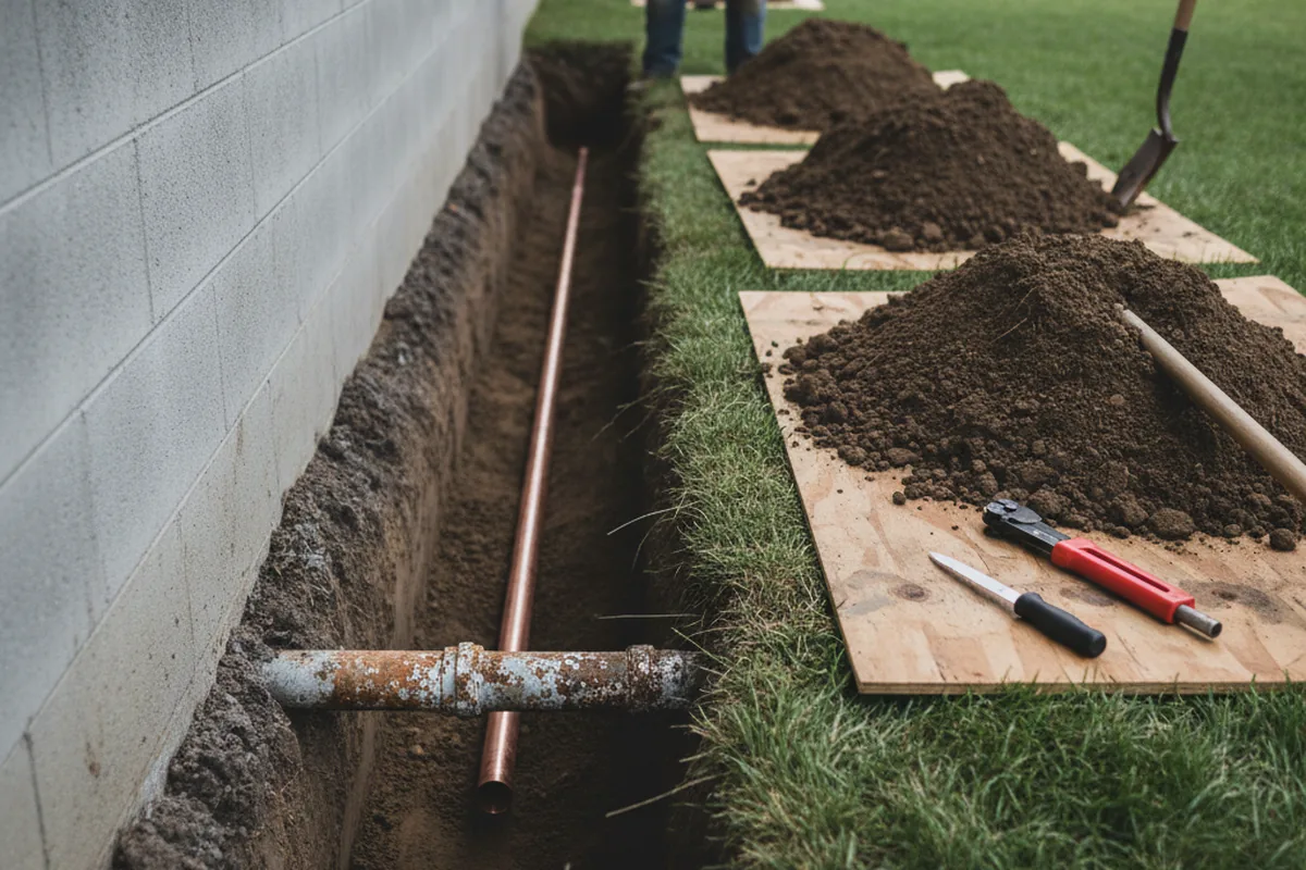 Excavated water line trench during Sewer Line Repair in San Marcos